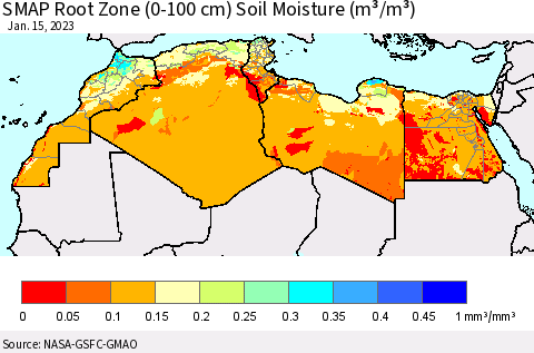 North Africa SMAP Root Zone (0-100 cm) Soil Moisture (m³/m³) Thematic Map For 1/11/2023 - 1/15/2023