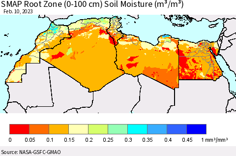 North Africa SMAP Root Zone (0-100 cm) Soil Moisture (m³/m³) Thematic Map For 2/6/2023 - 2/10/2023