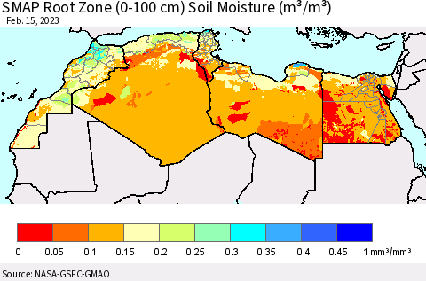 North Africa SMAP Root Zone (0-100 cm) Soil Moisture (m³/m³) Thematic Map For 2/11/2023 - 2/15/2023