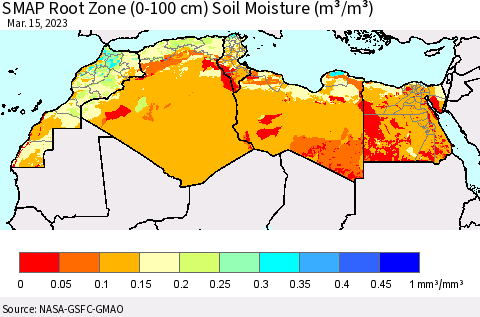 North Africa SMAP Root Zone (0-100 cm) Soil Moisture (m³/m³) Thematic Map For 3/11/2023 - 3/15/2023