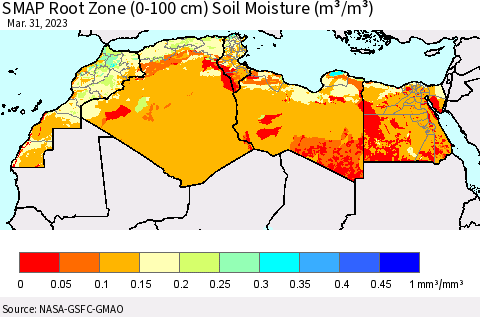 North Africa SMAP Root Zone (0-100 cm) Soil Moisture (m³/m³) Thematic Map For 3/26/2023 - 3/31/2023