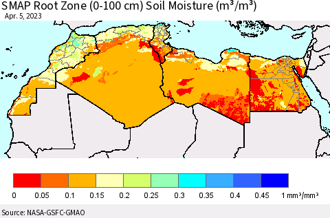 North Africa SMAP Root Zone (0-100 cm) Soil Moisture (m³/m³) Thematic Map For 4/1/2023 - 4/5/2023
