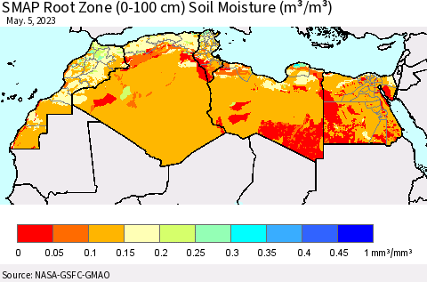 North Africa SMAP Root Zone (0-100 cm) Soil Moisture (m³/m³) Thematic Map For 5/1/2023 - 5/5/2023