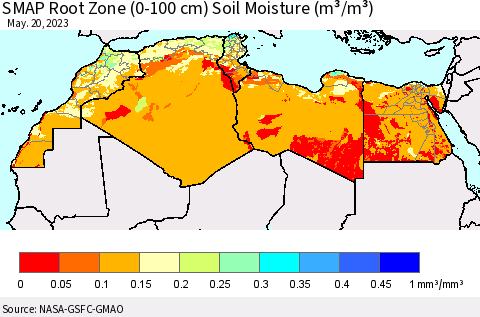 North Africa SMAP Root Zone (0-100 cm) Soil Moisture (m³/m³) Thematic Map For 5/16/2023 - 5/20/2023