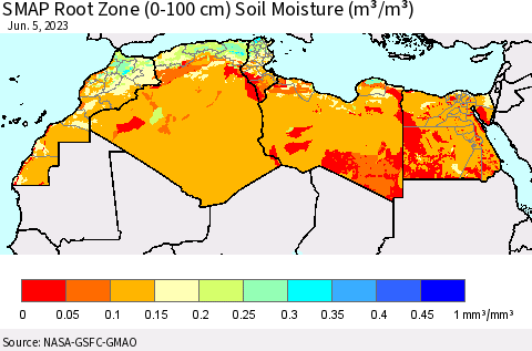 North Africa SMAP Root Zone (0-100 cm) Soil Moisture (m³/m³) Thematic Map For 6/1/2023 - 6/5/2023