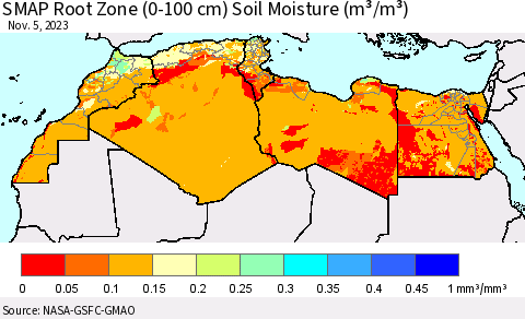 North Africa SMAP Root Zone (0-100 cm) Soil Moisture (m³/m³) Thematic Map For 11/1/2023 - 11/5/2023