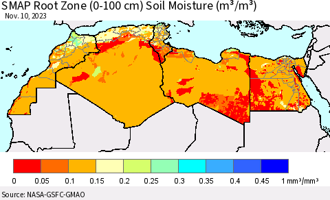 North Africa SMAP Root Zone (0-100 cm) Soil Moisture (m³/m³) Thematic Map For 11/6/2023 - 11/10/2023