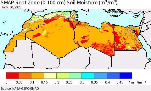 North Africa SMAP Root Zone (0-100 cm) Soil Moisture (m³/m³) Thematic Map For 11/26/2023 - 11/30/2023