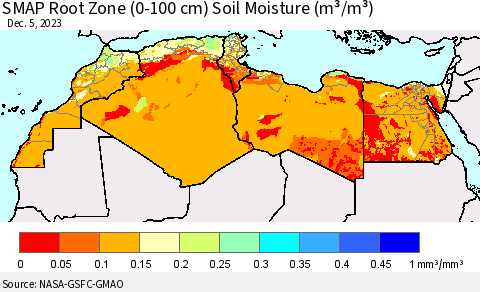 North Africa SMAP Root Zone (0-100 cm) Soil Moisture (m³/m³) Thematic Map For 12/1/2023 - 12/5/2023