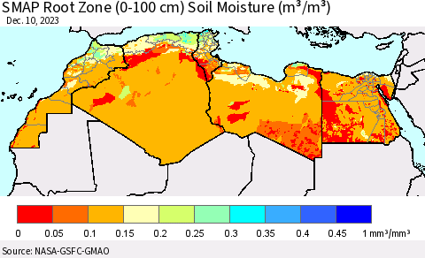 North Africa SMAP Root Zone (0-100 cm) Soil Moisture (m³/m³) Thematic Map For 12/6/2023 - 12/10/2023