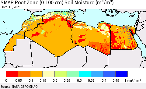 North Africa SMAP Root Zone (0-100 cm) Soil Moisture (m³/m³) Thematic Map For 12/11/2023 - 12/15/2023