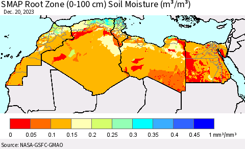 North Africa SMAP Root Zone (0-100 cm) Soil Moisture (m³/m³) Thematic Map For 12/16/2023 - 12/20/2023