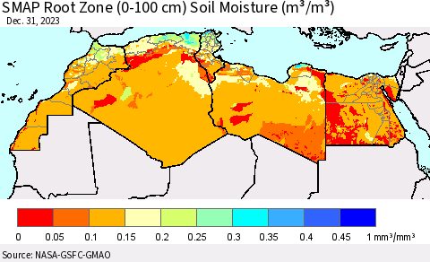 North Africa SMAP Root Zone (0-100 cm) Soil Moisture (m³/m³) Thematic Map For 12/26/2023 - 12/31/2023
