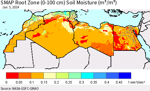 North Africa SMAP Root Zone (0-100 cm) Soil Moisture (m³/m³) Thematic Map For 1/1/2024 - 1/5/2024
