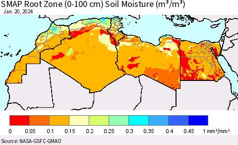 North Africa SMAP Root Zone (0-100 cm) Soil Moisture (m³/m³) Thematic Map For 1/16/2024 - 1/20/2024