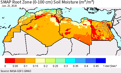 North Africa SMAP Root Zone (0-100 cm) Soil Moisture (m³/m³) Thematic Map For 1/21/2024 - 1/25/2024