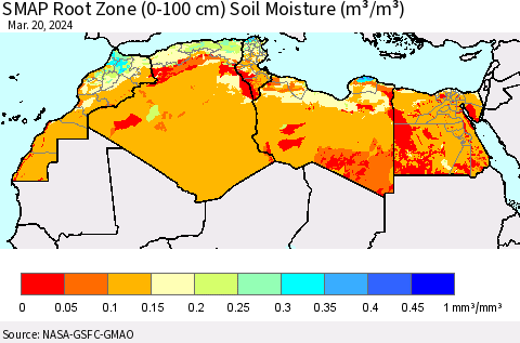 North Africa SMAP Root Zone (0-100 cm) Soil Moisture (m³/m³) Thematic Map For 3/16/2024 - 3/20/2024