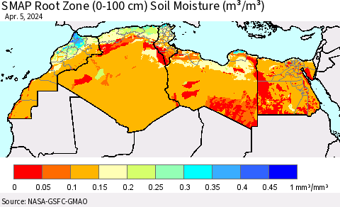 North Africa SMAP Root Zone (0-100 cm) Soil Moisture (m³/m³) Thematic Map For 4/1/2024 - 4/5/2024