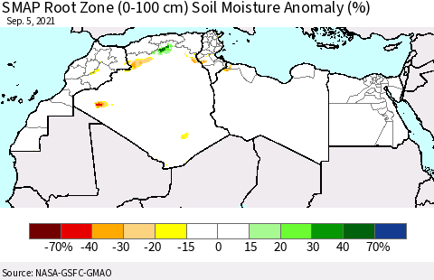 North Africa SMAP Root Zone (0-100 cm) Soil Moisture Anomaly (%) Thematic Map For 9/1/2021 - 9/5/2021