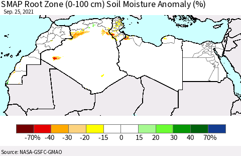 North Africa SMAP Root Zone (0-100 cm) Soil Moisture Anomaly (%) Thematic Map For 9/21/2021 - 9/25/2021