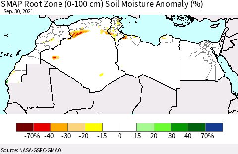 North Africa SMAP Root Zone (0-100 cm) Soil Moisture Anomaly (%) Thematic Map For 9/26/2021 - 9/30/2021