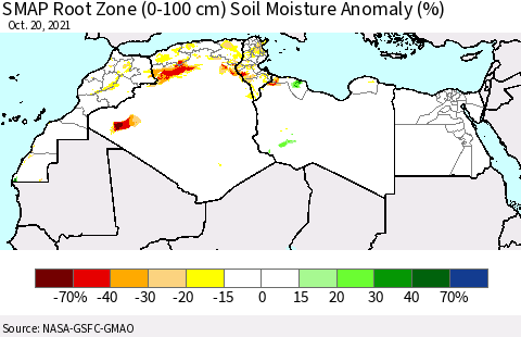 North Africa SMAP Root Zone (0-100 cm) Soil Moisture Anomaly (%) Thematic Map For 10/16/2021 - 10/20/2021