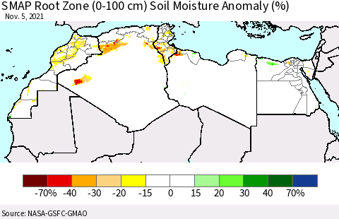 North Africa SMAP Root Zone (0-100 cm) Soil Moisture Anomaly (%) Thematic Map For 11/1/2021 - 11/5/2021