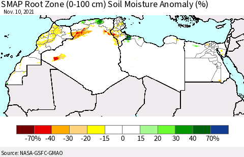 North Africa SMAP Root Zone (0-100 cm) Soil Moisture Anomaly (%) Thematic Map For 11/6/2021 - 11/10/2021