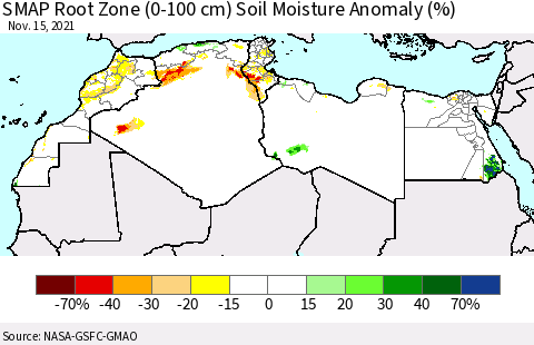 North Africa SMAP Root Zone (0-100 cm) Soil Moisture Anomaly (%) Thematic Map For 11/11/2021 - 11/15/2021