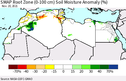 North Africa SMAP Root Zone (0-100 cm) Soil Moisture Anomaly (%) Thematic Map For 11/16/2021 - 11/20/2021