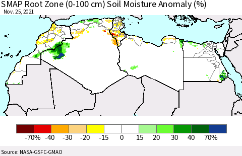 North Africa SMAP Root Zone (0-100 cm) Soil Moisture Anomaly (%) Thematic Map For 11/21/2021 - 11/25/2021