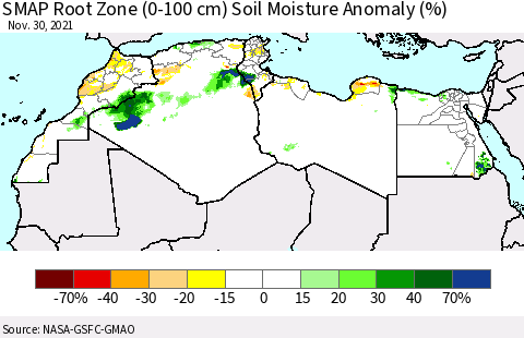 North Africa SMAP Root Zone (0-100 cm) Soil Moisture Anomaly (%) Thematic Map For 11/26/2021 - 11/30/2021