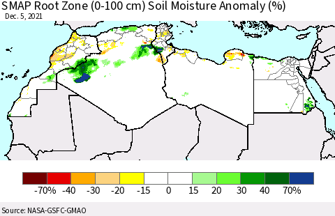 North Africa SMAP Root Zone (0-100 cm) Soil Moisture Anomaly (%) Thematic Map For 12/1/2021 - 12/5/2021