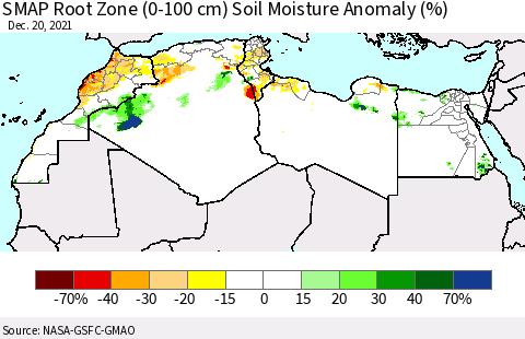 North Africa SMAP Root Zone (0-100 cm) Soil Moisture Anomaly (%) Thematic Map For 12/16/2021 - 12/20/2021