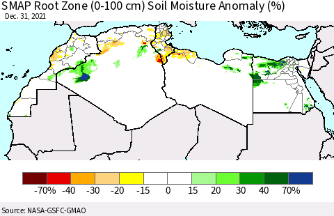 North Africa SMAP Root Zone (0-100 cm) Soil Moisture Anomaly (%) Thematic Map For 12/26/2021 - 12/31/2021