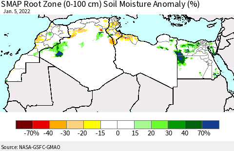 North Africa SMAP Root Zone (0-100 cm) Soil Moisture Anomaly (%) Thematic Map For 1/1/2022 - 1/5/2022