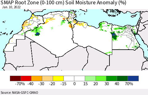 North Africa SMAP Root Zone (0-100 cm) Soil Moisture Anomaly (%) Thematic Map For 1/6/2022 - 1/10/2022