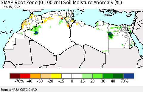North Africa SMAP Root Zone (0-100 cm) Soil Moisture Anomaly (%) Thematic Map For 1/11/2022 - 1/15/2022