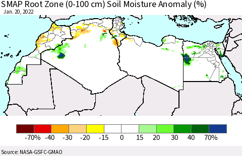 North Africa SMAP Root Zone (0-100 cm) Soil Moisture Anomaly (%) Thematic Map For 1/16/2022 - 1/20/2022