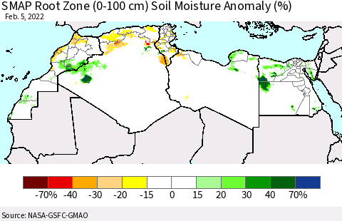 North Africa SMAP Root Zone (0-100 cm) Soil Moisture Anomaly (%) Thematic Map For 2/1/2022 - 2/5/2022