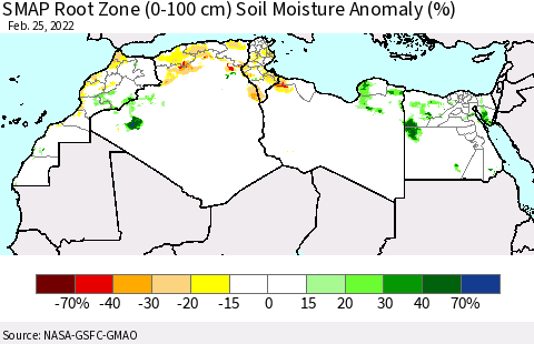 North Africa SMAP Root Zone (0-100 cm) Soil Moisture Anomaly (%) Thematic Map For 2/21/2022 - 2/25/2022