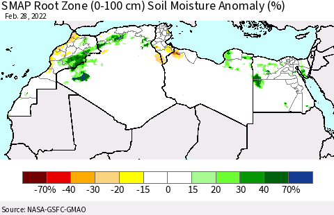 North Africa SMAP Root Zone (0-100 cm) Soil Moisture Anomaly (%) Thematic Map For 2/26/2022 - 2/28/2022