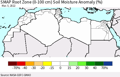 North Africa SMAP Root Zone (0-100 cm) Soil Moisture Anomaly (%) Thematic Map For 3/1/2022 - 3/5/2022