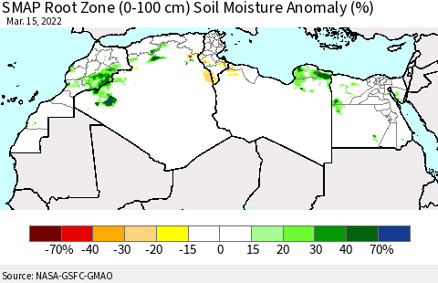 North Africa SMAP Root Zone (0-100 cm) Soil Moisture Anomaly (%) Thematic Map For 3/11/2022 - 3/15/2022