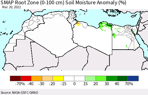 North Africa SMAP Root Zone (0-100 cm) Soil Moisture Anomaly (%) Thematic Map For 3/16/2022 - 3/20/2022