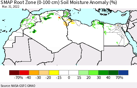 North Africa SMAP Root Zone (0-100 cm) Soil Moisture Anomaly (%) Thematic Map For 3/26/2022 - 3/31/2022