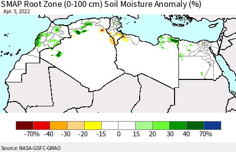 North Africa SMAP Root Zone (0-100 cm) Soil Moisture Anomaly (%) Thematic Map For 4/1/2022 - 4/5/2022