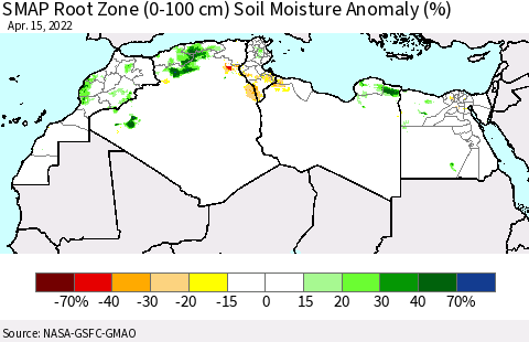 North Africa SMAP Root Zone (0-100 cm) Soil Moisture Anomaly (%) Thematic Map For 4/11/2022 - 4/15/2022