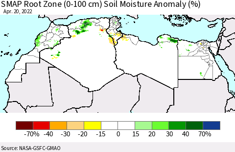North Africa SMAP Root Zone (0-100 cm) Soil Moisture Anomaly (%) Thematic Map For 4/16/2022 - 4/20/2022