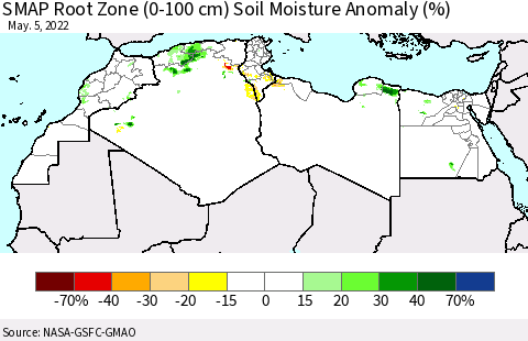 North Africa SMAP Root Zone (0-100 cm) Soil Moisture Anomaly (%) Thematic Map For 5/1/2022 - 5/5/2022